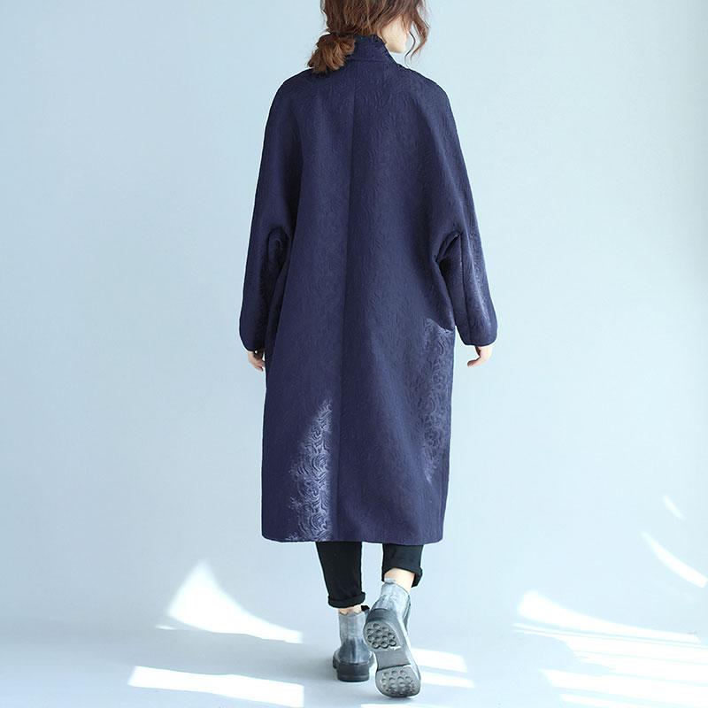 Stand Collar Oblique Breasted Women Navy Blue Windbreaker Coat