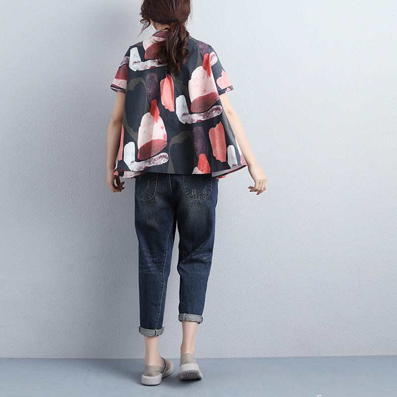 Women Stand Collar Single Breasted Short Sleeve Tops