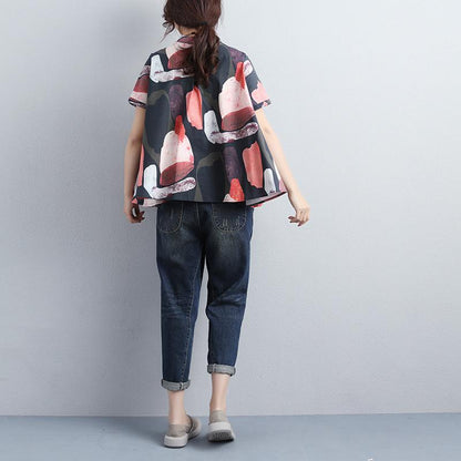 Women Stand Collar Single Breasted Short Sleeve Tops