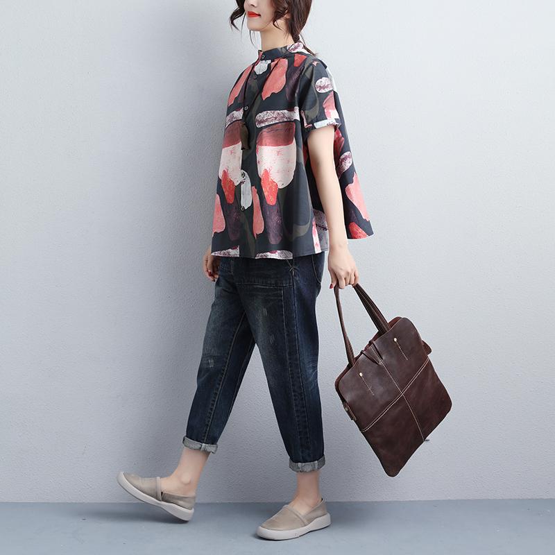 Women Stand Collar Single Breasted Short Sleeve Tops