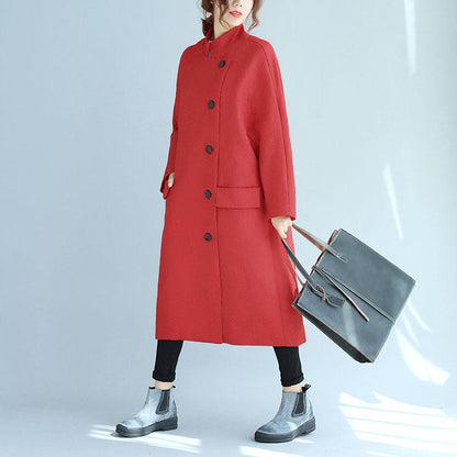 Stand Collar Oblique Breasted Women Jacquard Red Windbreaker Coat
