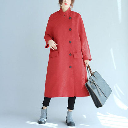 Stand Collar Oblique Breasted Women Jacquard Red Windbreaker Coat