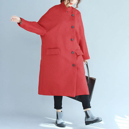 Stand Collar Oblique Breasted Women Jacquard Red Windbreaker Coat