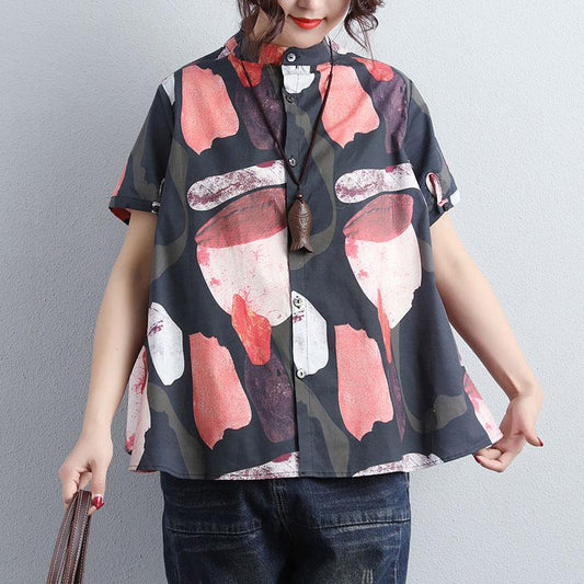 Women Stand Collar Single Breasted Short Sleeve Tops