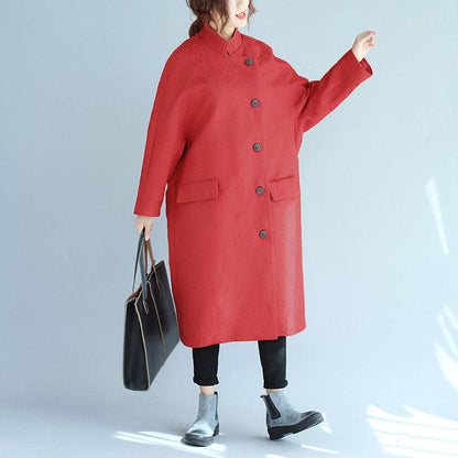 Stand Collar Oblique Breasted Women Jacquard Red Windbreaker Coat