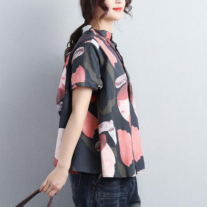 Women Stand Collar Single Breasted Short Sleeve Tops