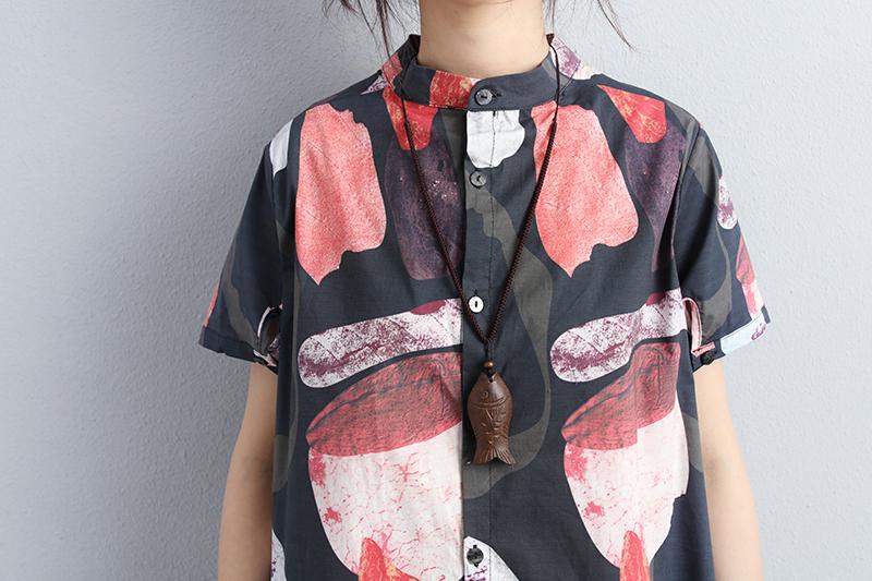 Women Stand Collar Single Breasted Short Sleeve Tops