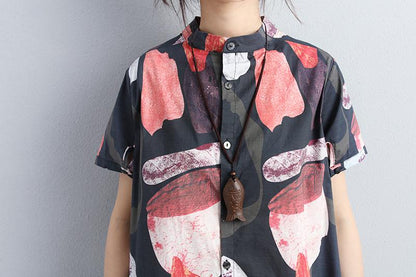 Women Stand Collar Single Breasted Short Sleeve Tops