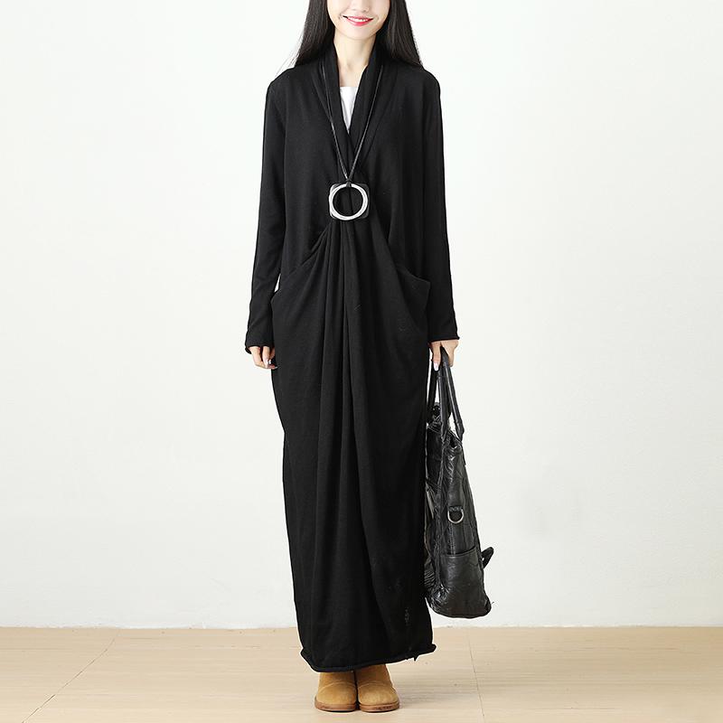 Autumn Knitted Black Long Dress For Women