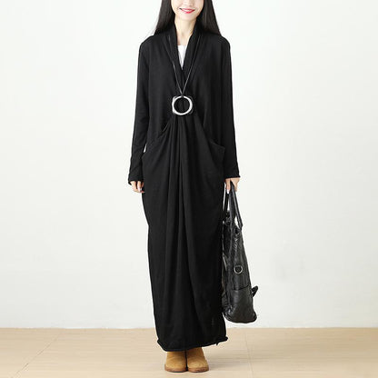 Autumn Knitted Black Long Dress For Women