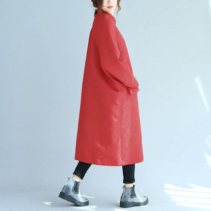 Stand Collar Oblique Breasted Women Jacquard Red Windbreaker Coat
