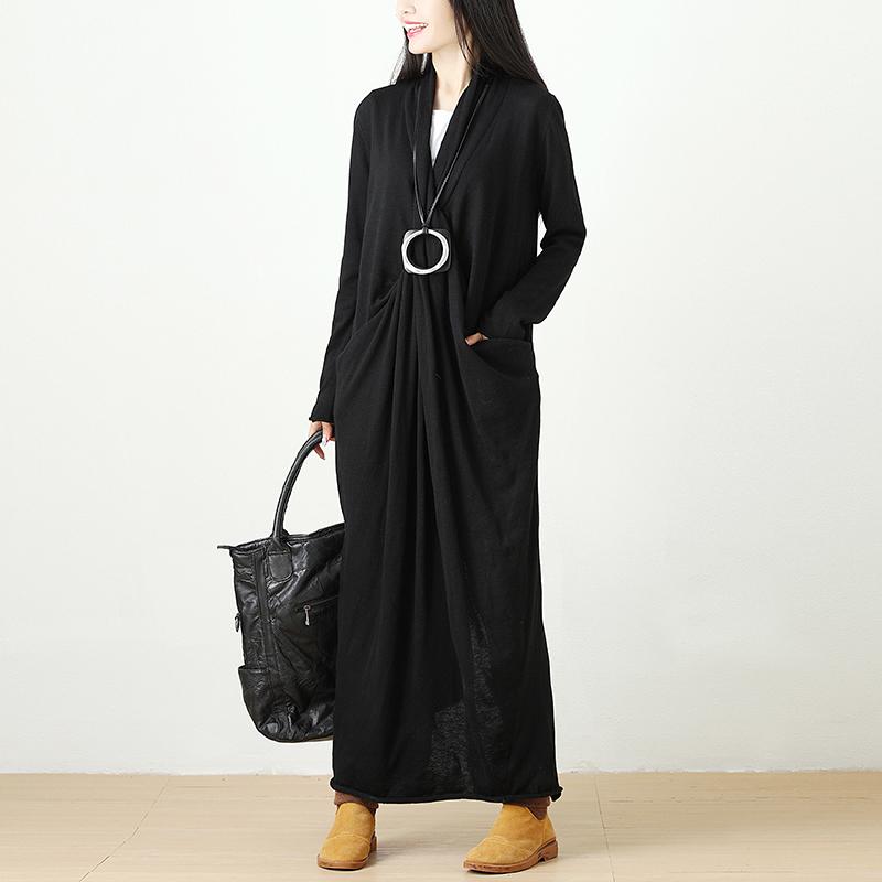 Autumn Knitted Black Long Dress For Women
