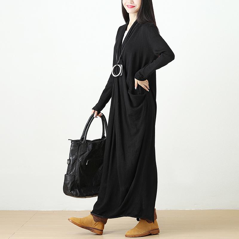 Autumn Knitted Black Long Dress For Women