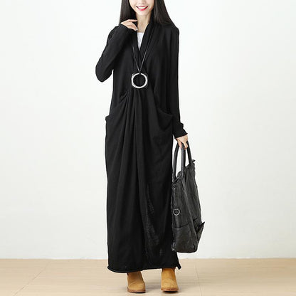 Autumn Knitted Black Long Dress For Women