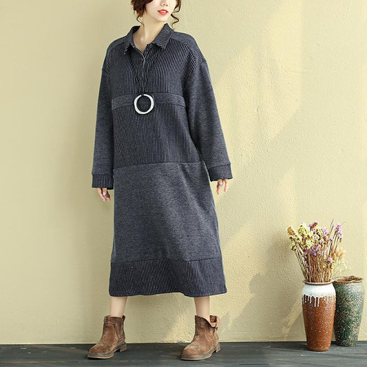 Loose Women Polo Collar Long Sleeve Splicing Stripe Dress