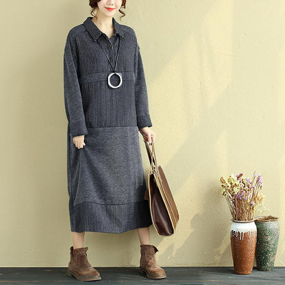 Loose Women Polo Collar Long Sleeve Splicing Stripe Dress
