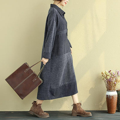 Loose Women Polo Collar Long Sleeve Splicing Stripe Dress