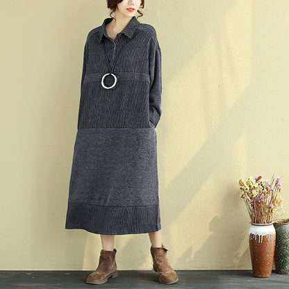 Loose Women Polo Collar Long Sleeve Splicing Stripe Dress