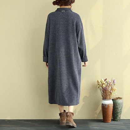 Loose Women Polo Collar Long Sleeve Splicing Stripe Dress