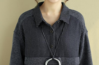 Loose Women Polo Collar Long Sleeve Splicing Stripe Dress