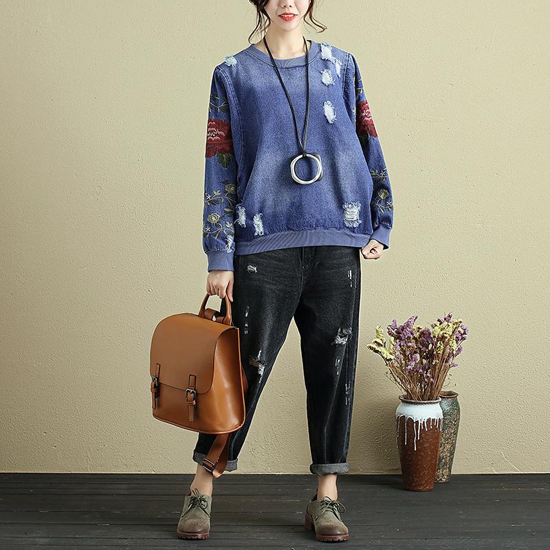 Women Embroidery Long Sleeve Denim Shirt