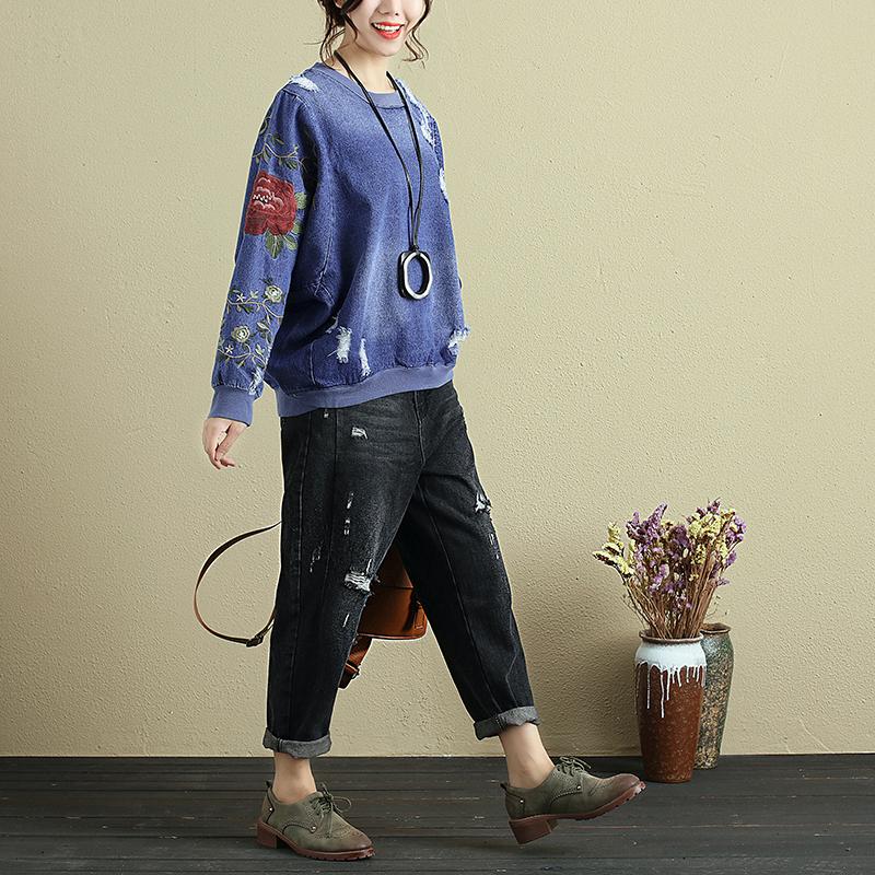 Women Embroidery Long Sleeve Denim Shirt