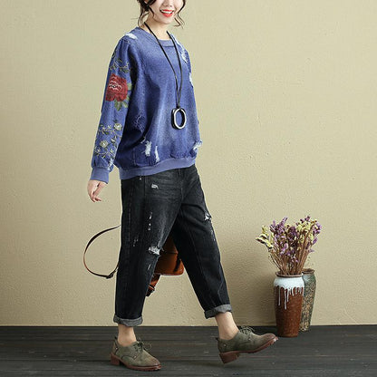 Women Embroidery Long Sleeve Denim Shirt