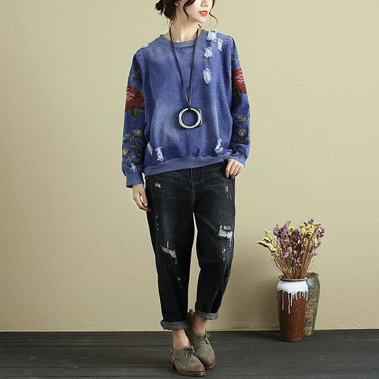 Women Embroidery Long Sleeve Denim Shirt