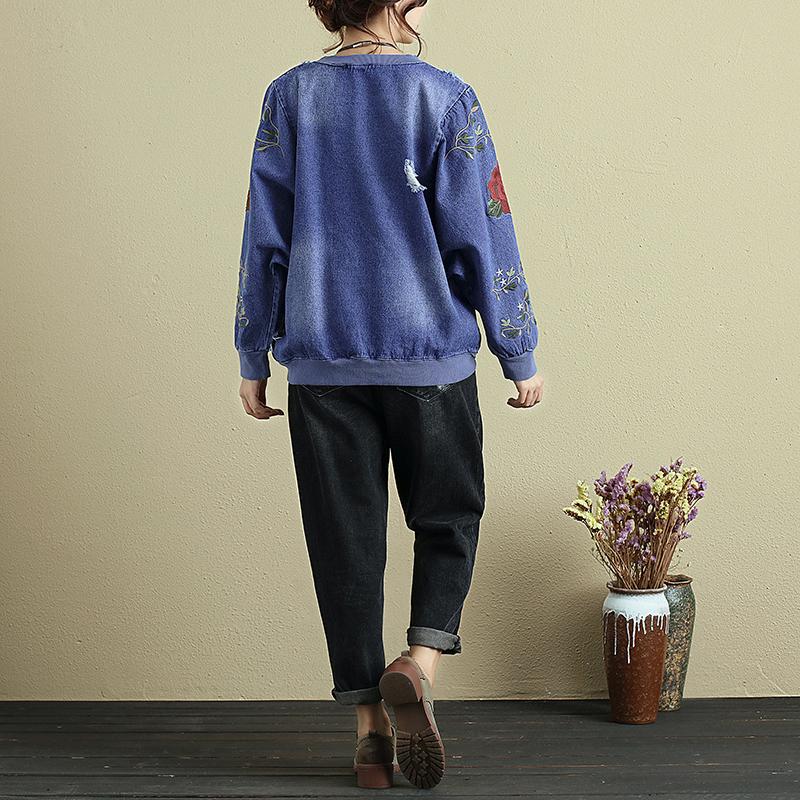 Women Embroidery Long Sleeve Denim Shirt