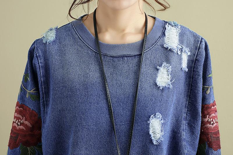 Women Embroidery Long Sleeve Denim Shirt