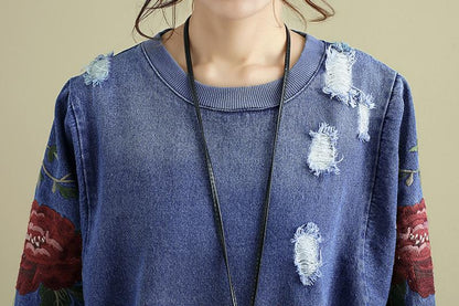 Women Embroidery Long Sleeve Denim Shirt