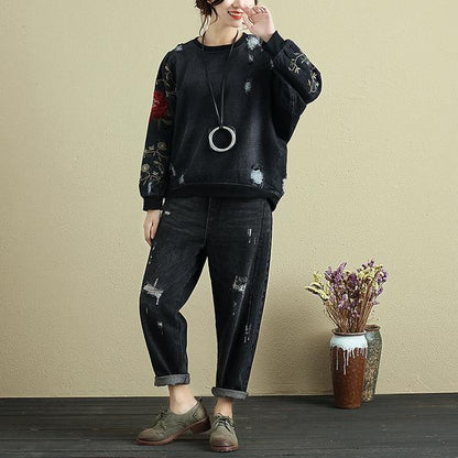 Women Embroidery Long Sleeve Denim Shirt