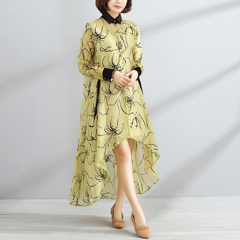 Irregular Polo Collar Long Sleeve Women Spring Yellow Dress