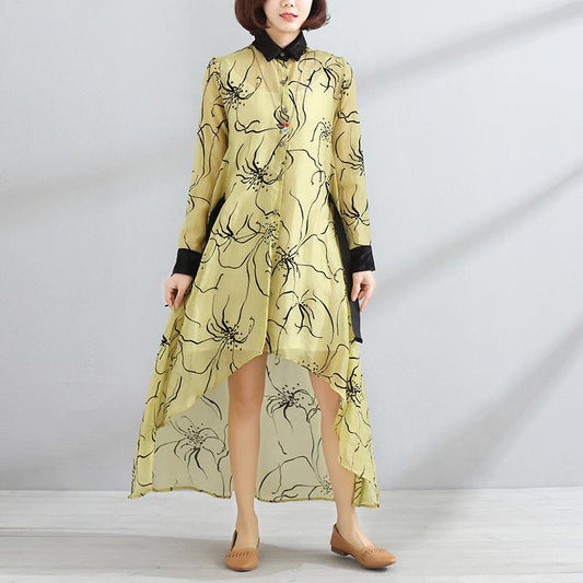 Irregular Polo Collar Long Sleeve Women Spring Yellow Dress