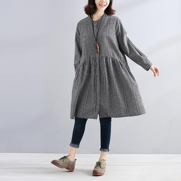 Single Breasted Loose Beige Lattice Women Pleated Dress