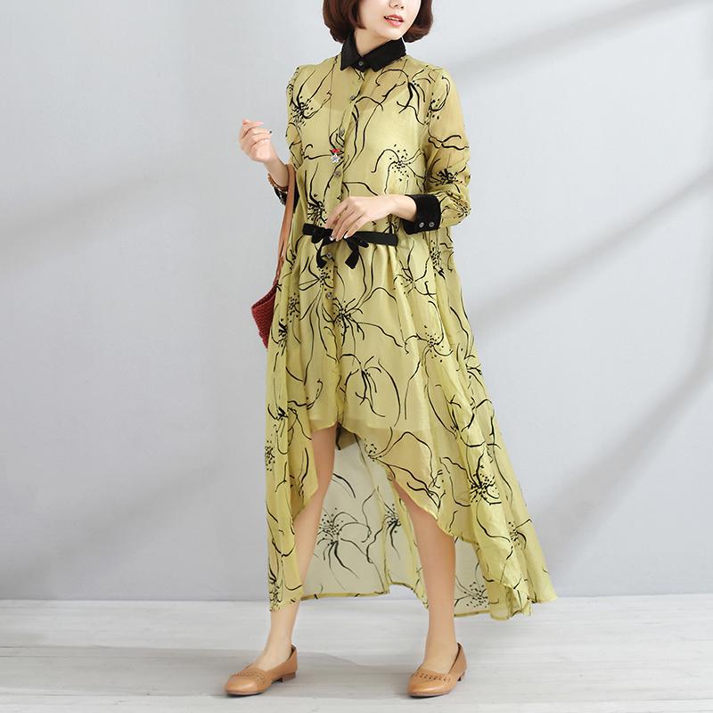Irregular Polo Collar Long Sleeve Women Spring Yellow Dress
