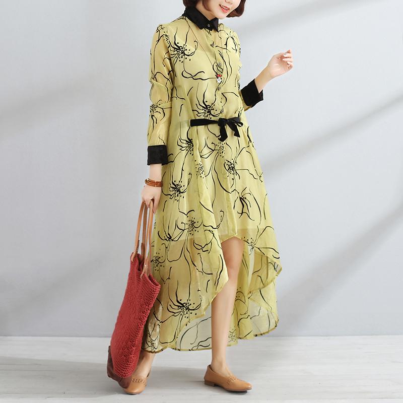 Irregular Polo Collar Long Sleeve Women Spring Yellow Dress