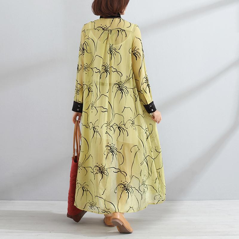 Irregular Polo Collar Long Sleeve Women Spring Yellow Dress