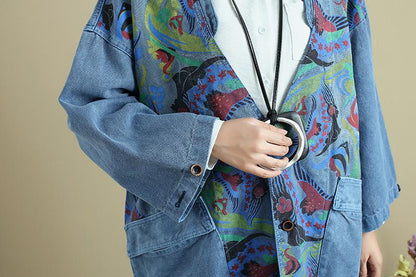 Retro V Neck Long Sleeve Printing Women Red Denim Coat