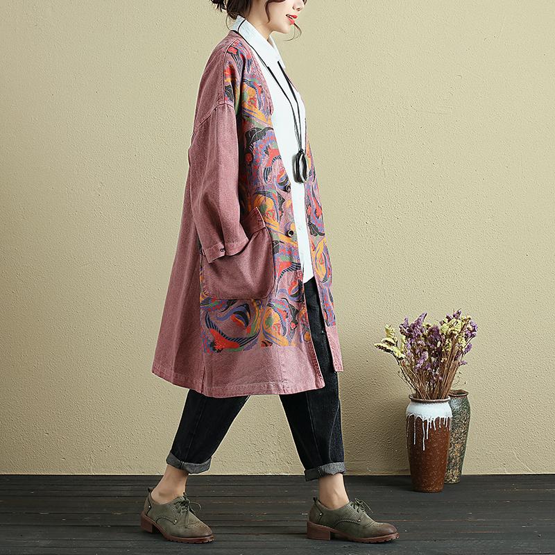 Retro V Neck Long Sleeve Printing Women Red Denim Coat
