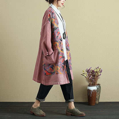 Retro V Neck Long Sleeve Printing Women Red Denim Coat