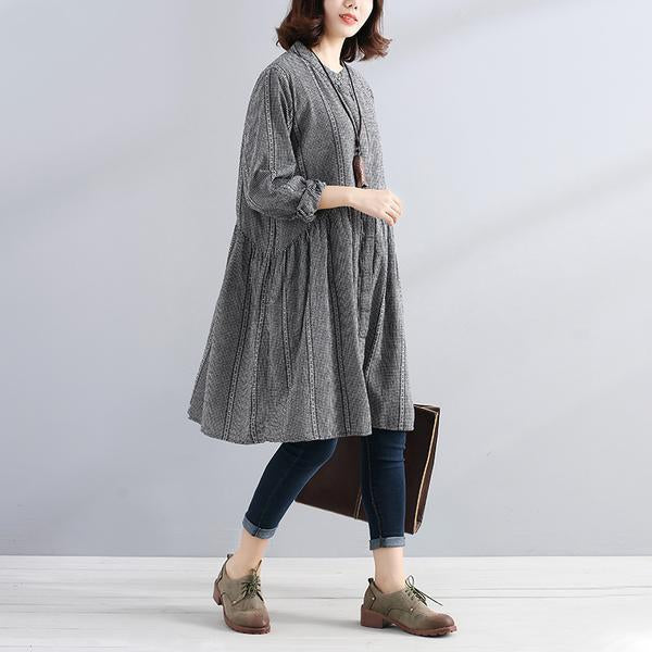 Single Breasted Loose Beige Lattice Women Pleated Dress