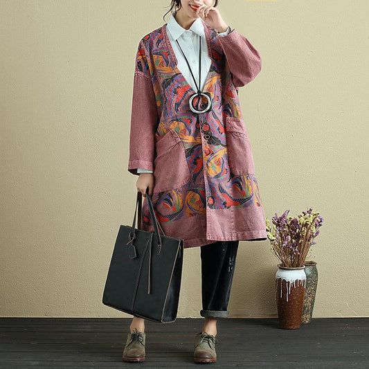 Retro V Neck Long Sleeve Printing Women Red Denim Coat