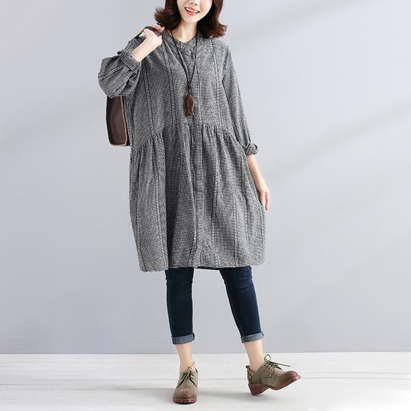 Single Breasted Loose Beige Lattice Women Pleated Dress