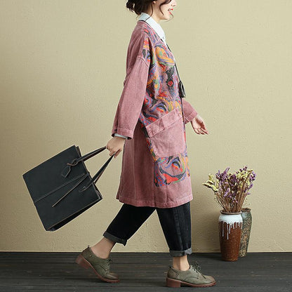 Retro V Neck Long Sleeve Printing Women Red Denim Coat