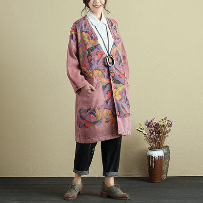 Retro V Neck Long Sleeve Printing Women Red Denim Coat