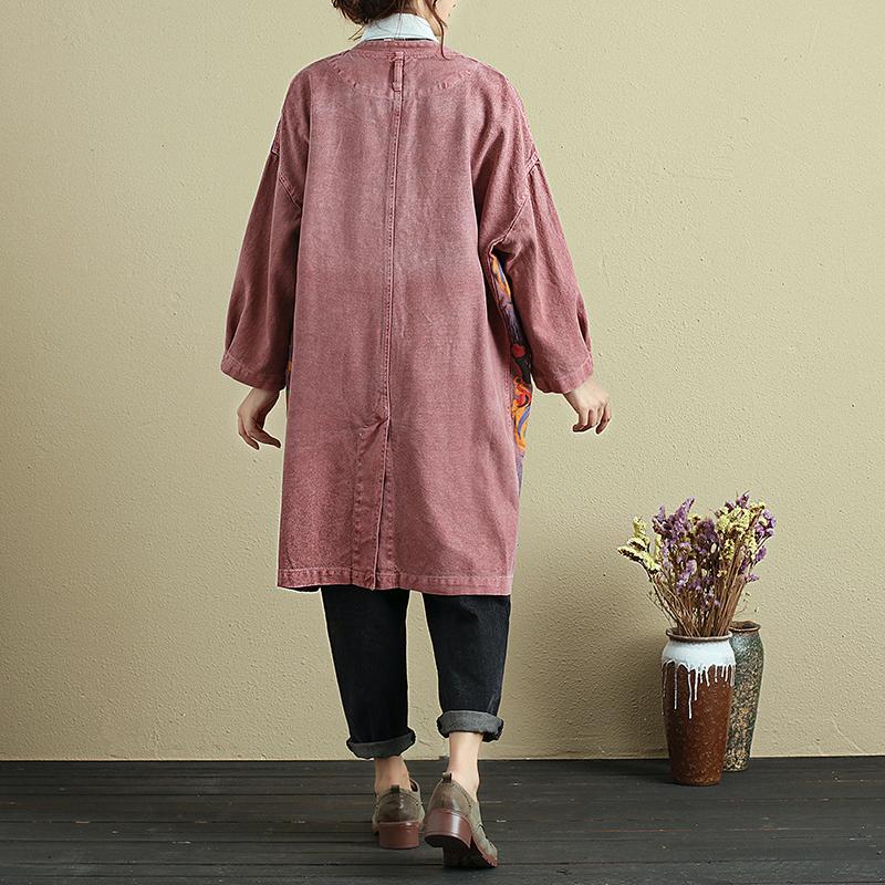 Retro V Neck Long Sleeve Printing Women Red Denim Coat