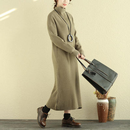 Women Mock Turtle Neck Long Sleeve Khaki Knitted Sweater Dress