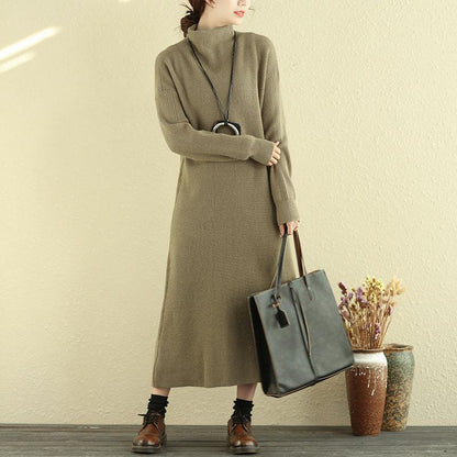 Women Mock Turtle Neck Long Sleeve Khaki Knitted Sweater Dress
