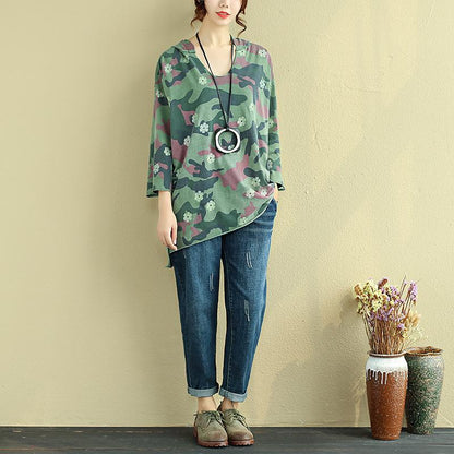 Women Hoodies Three Quarter Sleeve Printed Green Shirt
